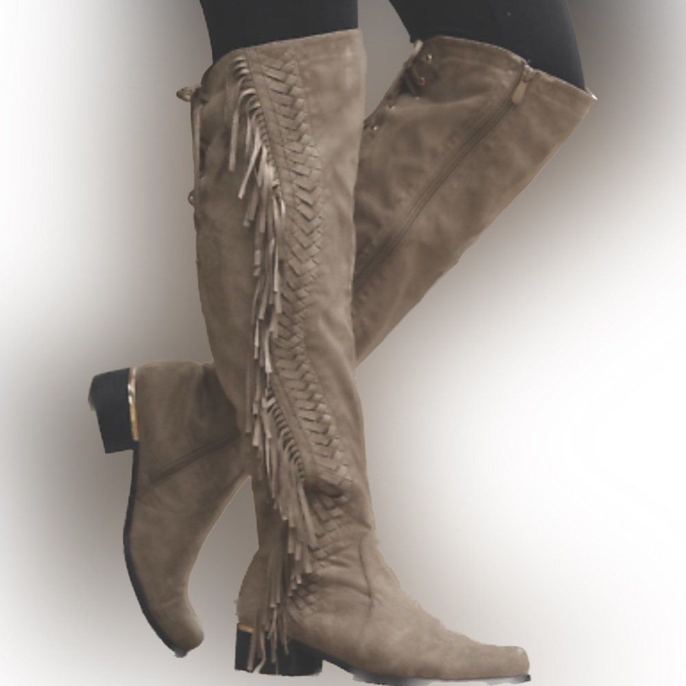 Lady Couture Taupe Fringe Over-The-Knee Boot Boots Size 37 EURO Size 6.5 7 USA
